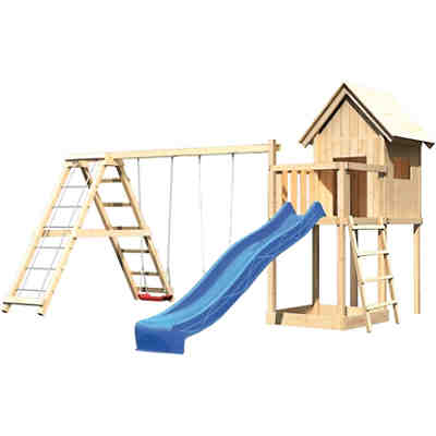 Spielturm Frieda mit Anbau, Satteldach, Gerüst, Doppelschaukel und Rutsche blau