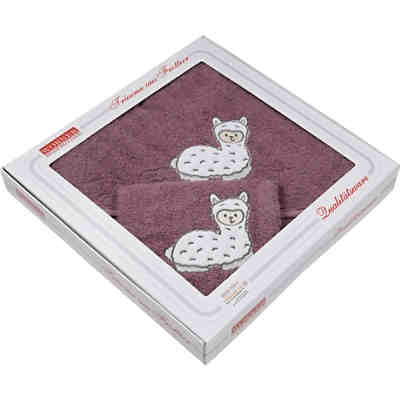 Kapuzenbadetuch und Waschhandschuh in Geschenkebox, Lama lila, 80 x 80 cm 2