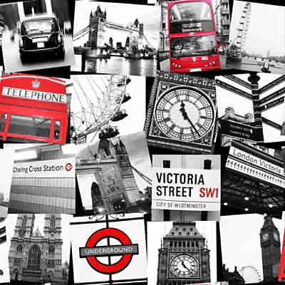 Papiertapete Fresco London Montage Black / Red , 10 m x 53 cm