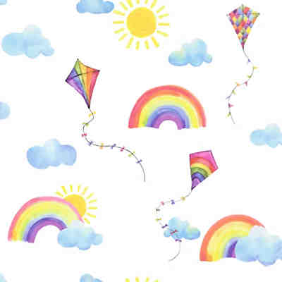 Papiertapete Rainbows and Flying Kites White / Multi, 10 m x 53 cm