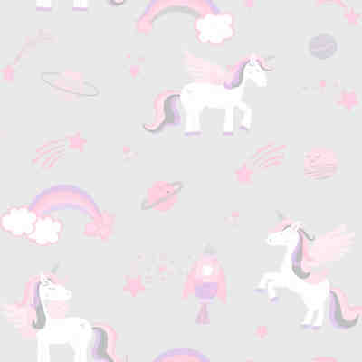 Papiertapete Unicorns, Rockets and Rainbows Grey, 10 m x 53 cm
