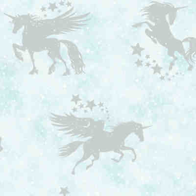 Papiertapete Iridescent Unicorns Teal / Silver, 10 m x 53 cm