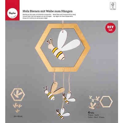 Holz Bienen m. Wabe z. Hängen,FSCMixCred, natur, 4,5-20 cm, SB-Btl. 6Stück