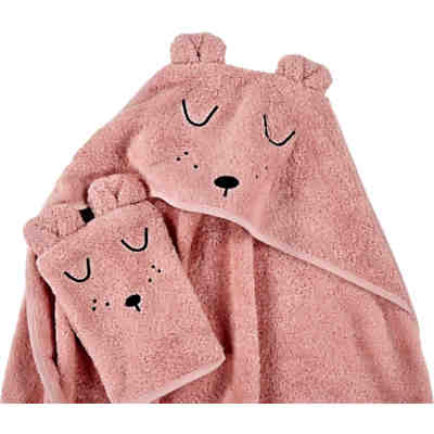 Kapuzen-Badetuch & Waschhandschuh Frottier mit Stickerei Faces rosa 2
