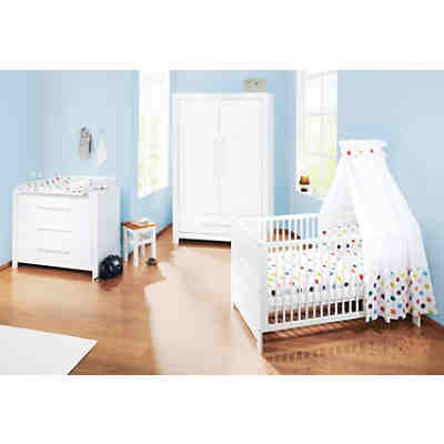Komplett Kinderzimmer PURO, 3-tlg. (Kinderbett, Wickelkommode breit und 2-türiger Kleiderschrank), Fichte vollmassiv, Weiß lasiert