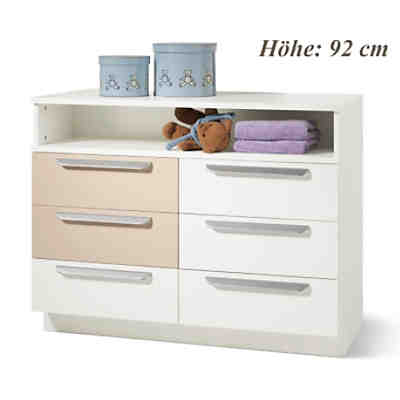 Kommode MILLA mit 6 Schubkästen, Weiß/Macchiato Hochglanz, Wickelhöhe 92 cm