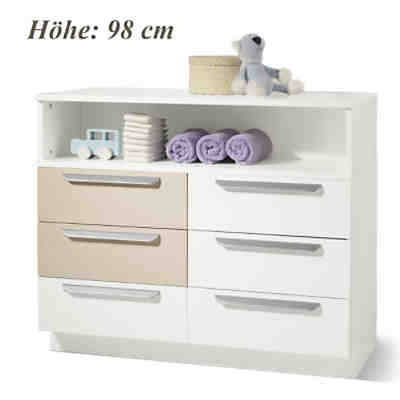 Kommode MILLA mit 6 Schubkästen, Weiß/Macchiato Hochglanz, Wickelhöhe 98 cm