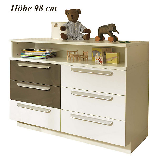 Kommode MILLA mit 6 Schubkästen, Weiß/Lava Hochglanz, Wickelhöhe 98 cm