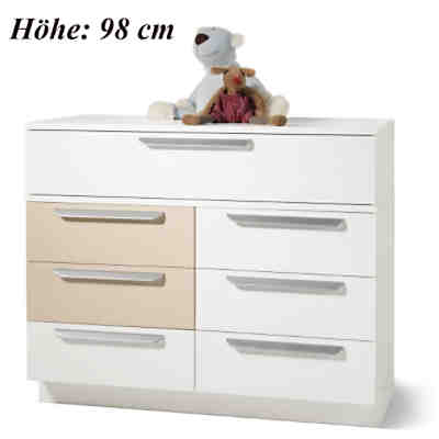 Kommode MILLA mit 7 Schubkästen, Weiß/Macchiato Hochglanz, Wickelhöhe 98 cm