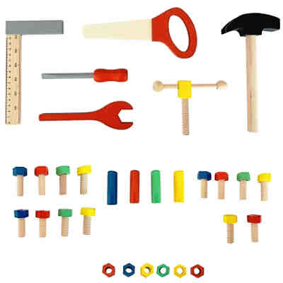 Werkbank Holz Kinderwerkbank mit Werkzeug aus Holz, Blau lackiert, 50tlg 2
