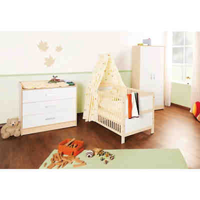 Komplett Kinderzimmer FLORIAN groß, 3-tlg. (Kinderbett, Wickelkommode breit und 2-türiger Kleiderschrank), Ahorn/Cremeweiß