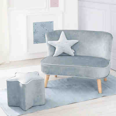 Bundle Lil Sofa - 1x Kindersofa mittel, 1x Kinderhocker und 1x Dekokissen in Sternenform hellblau/sky 2