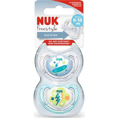 NUK Freestyle Silikon-Schnuller, kiefergerechte Form, 6-18 Monate, 2 Stück, transparent & blau 2