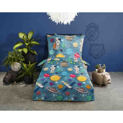Kinderbettwäsche Spaceworld, Flanell, blau, 135 x 200 + 80 x 80 cm 2