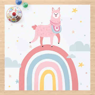 Vinyl-Teppich Lama auf Regenbogen mit Sternen und Pünktchen 2