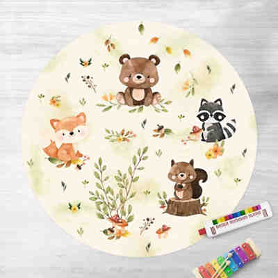 Runder Vinyl-Teppich Waldtiere Herbst Fuchs Bär Eichhörnchen Waschbär 2