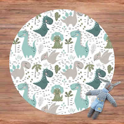 Runder Vinyl-Teppich Freundliche Dinosaurier mit Palmen und Kakteen