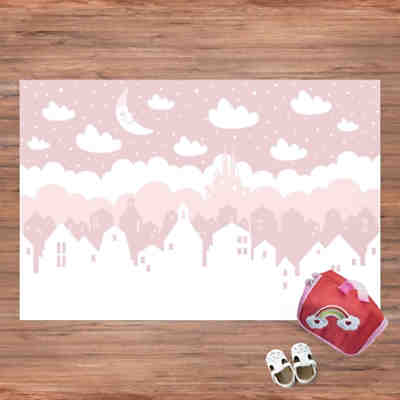 Vinyl-Teppich Sternenhimmel mit Häusern und Mond in rosa 2