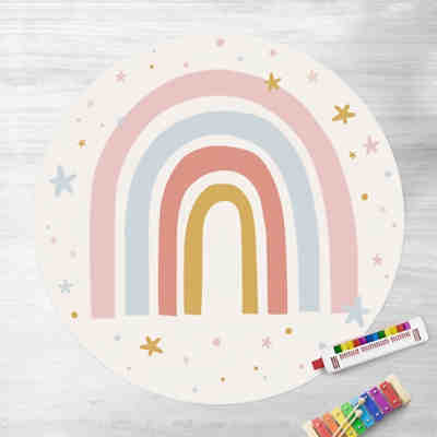 Runder Vinyl-Teppich Großer Regenbogen mit Sternen und Pünktchen 2