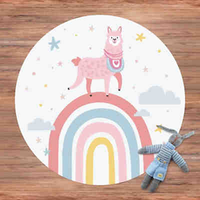 Runder Vinyl-Teppich Lama auf Regenbogen mit Sternen und Pünktchen