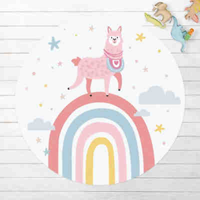 Runder Vinyl-Teppich Lama auf Regenbogen mit Sternen und Pünktchen 2