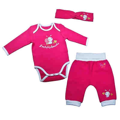 3tlg. Baby Set Bio-Baumwolle Body + Hose + Haarband für Mädchen