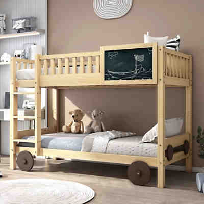 Etagenbett mit rechtwinkliger Treppe, Autobett, mit MDF-Rädern und Tafel, abnehmbar, Rahmen aus Kiefer 2