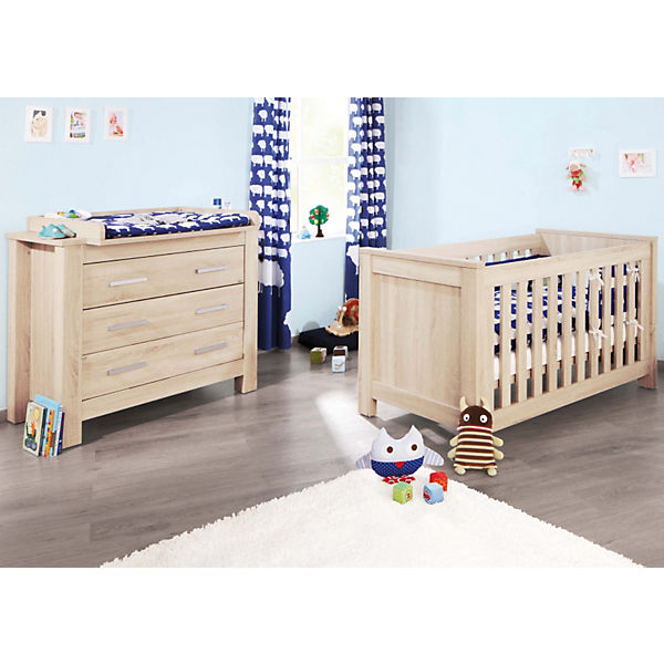 Kinderbett & breite Wickelkommode Sparset CARUS, Eiche Echtholzstruktur