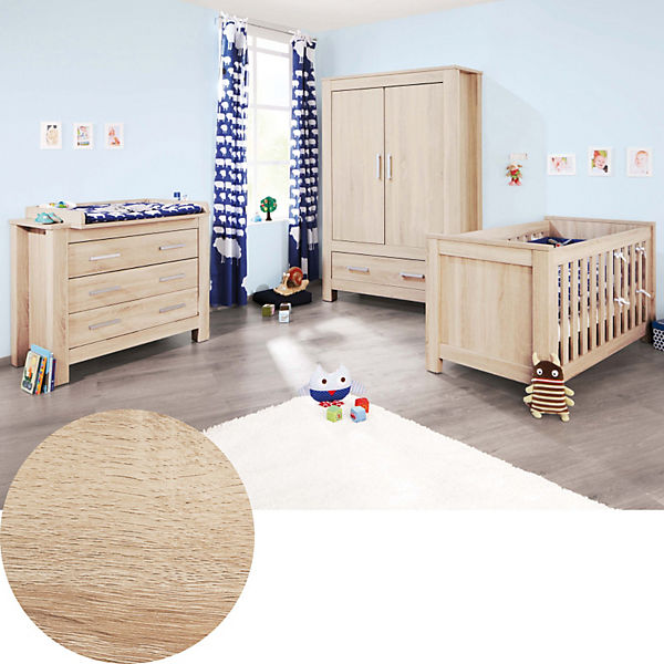 Komplett Kinderzimmer CARUS, 3-tlg. (Kinderbett, Wickelkommode breit und 2-türiger Kleiderschrank), Eiche Echtholzstruktur