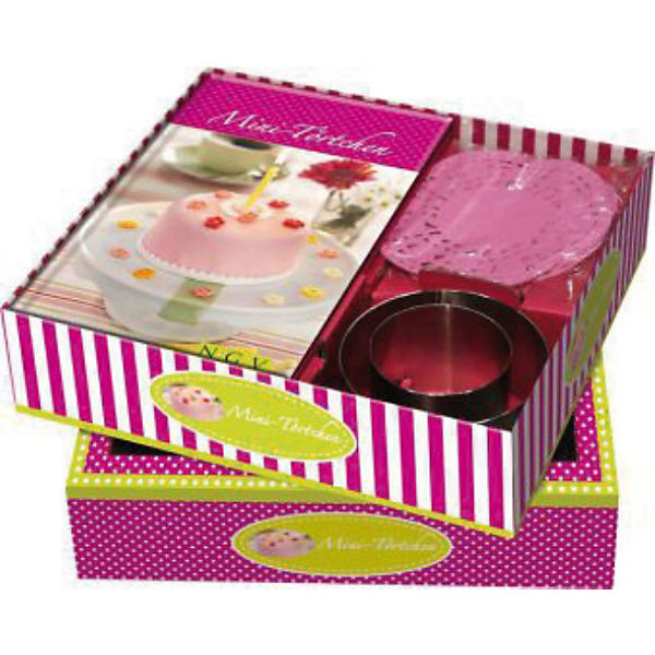 Buch-Box Mini-Törtchen, mit 2 Kuchenringen & rosa Tortenspitzen