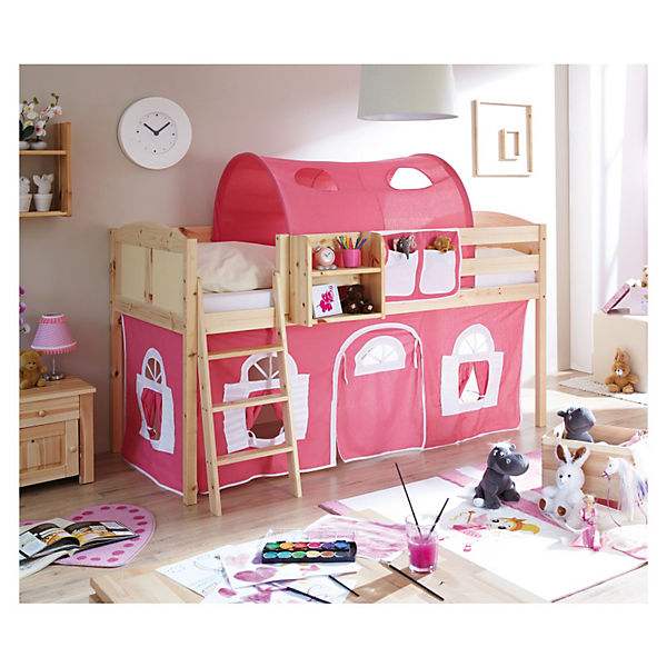 Hochbett Eric, Kiefer massiv, 90 x 200 cm, Landhaus pink