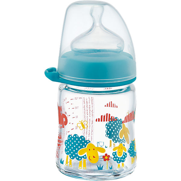 Weithals Flasche, Glas, 120 ml, Silikonsauger Gr. M, blau