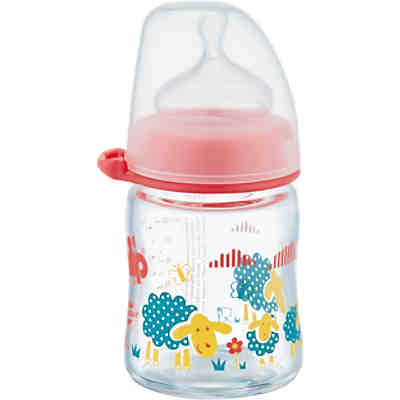 Weithals Flasche, Glas, 120 ml, Silikonsauger Gr. M, rot