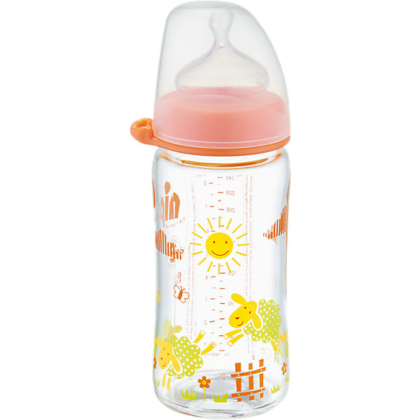 Weithals Flasche, Glas, 240 ml, Silikonsauger Gr. M, orange