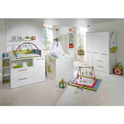 Kinderbett & Wickelkommode (breit) Sparset CAMBINO CITY, Weiß & farbige Griffhinterlegung