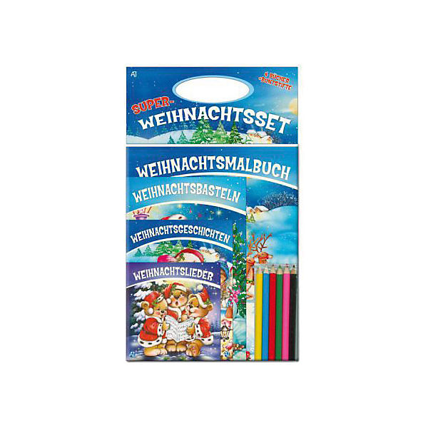 Super-Weihnachtsset, 4 Bücher und 6 Buntstifte