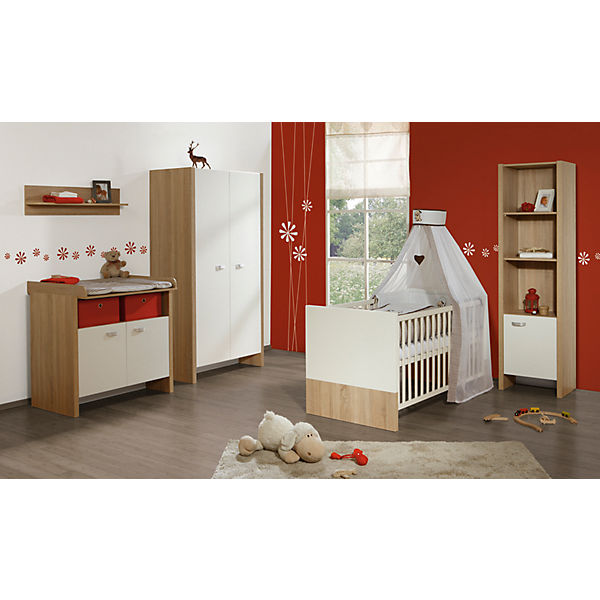 Komplett Kinderzimmer ANCONA, 3-tlg. (Kinderbett, Wickelkommode schmal und 2-türiger Kleiderschrank), Weiß/Eiche Sägerau