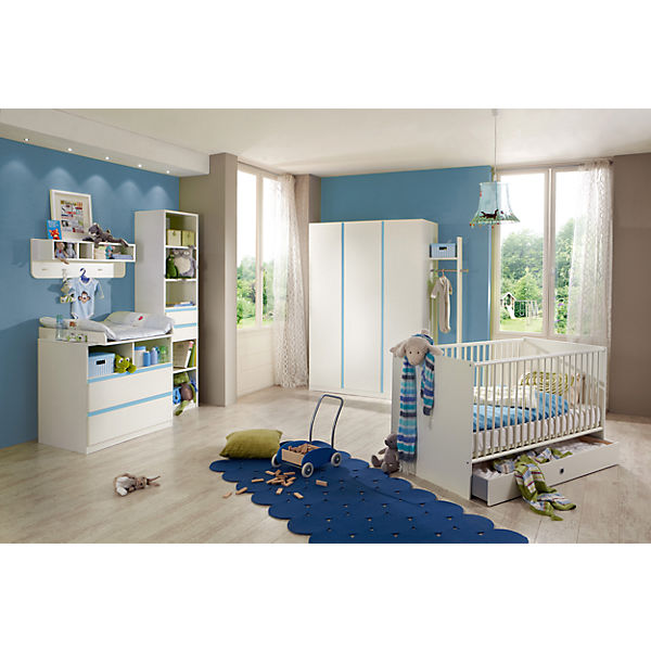 Komplett Kinderzimmer BIBI, 3-tlg. (Kinderbett, Wickelkommode inkl. Aufsatz, Kleiderschrank 3-trg.), alpinweiß/iceblau