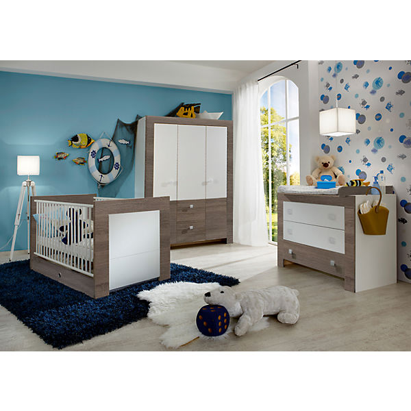 Komplett Kinderzimmer KIRA, 3-tlg. (Kinderbett, Wickelkommode inkl. Aufsazu, Kleiderschrank 3-trg. Inkl. Schubkästen), alpinweiß/Montana-Eiche