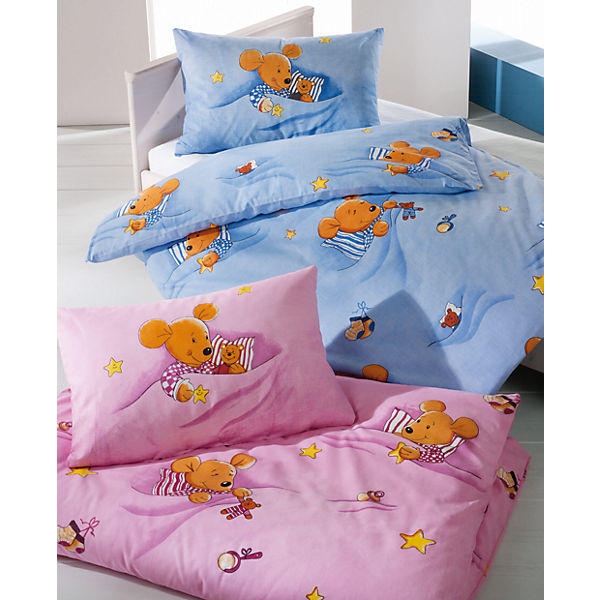 Kinderbettwäsche Kuschelmaus, Cretonne, blau, 100 x 135 cm