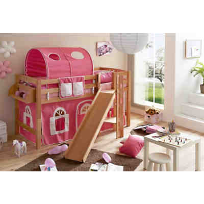 Spielbett mit Podest und Rutsche Tino, Buche massiv, natur, 90 x 200 cm, rosa-weiß