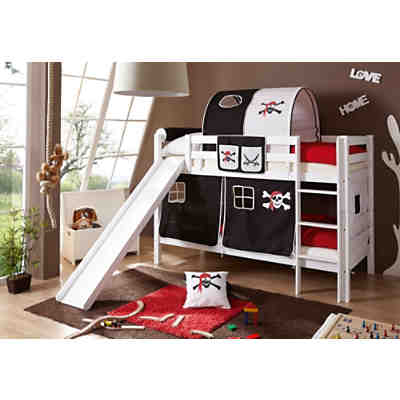 Spiel- & Etagenbett Lupo, Buche massiv weiß, 90 x 200 cm, Pirat schwarz-weiß