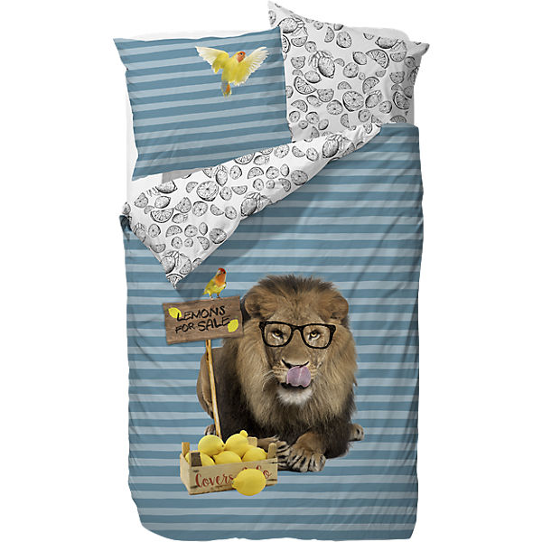 Wende- Bettwäsche Lemon Lion, Renforcé, blau, 135 x 200 cm
