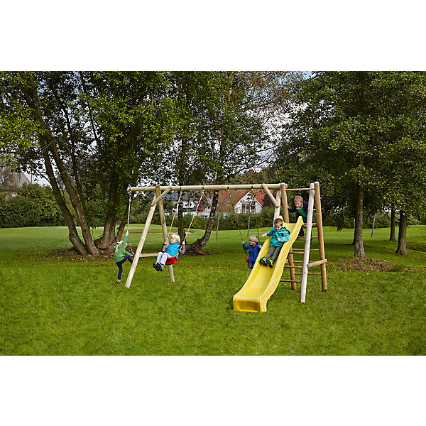 Doppelschaukel mit Podest, Knotenseil und Rutsche gelb - LENI Classic -