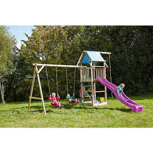 Spielturm mit Planendach, Doppelschaukel, Sandkasten, Knotenseil und Rutsche violett - ASTERIX XL -