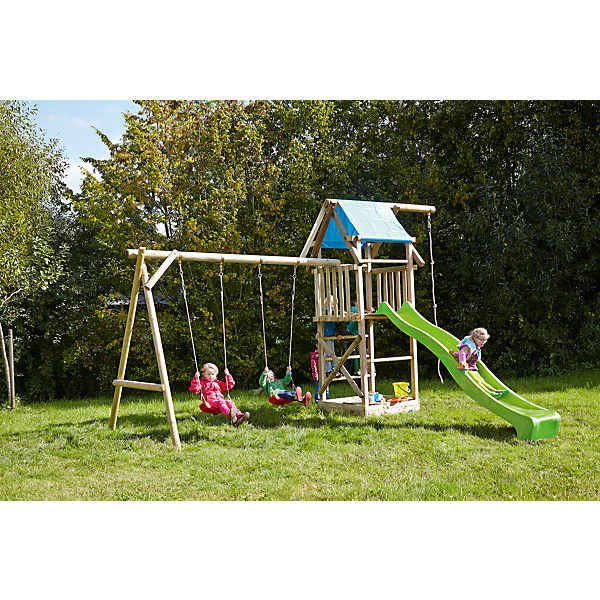 Spielturm mit Planendach, Doppelschaukel, Sandkasten, Knotenseil und Rutsche hellgrün - ASTERIX XL -