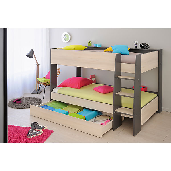 Etagenbett Hublot, 90 x 200 cm, Akazie/grau/weiß