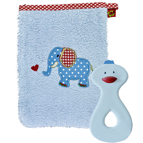 Geschenkset Waschhandschuh und Beißring hellblau BabyGlück