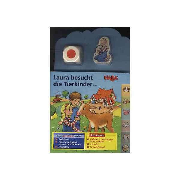 Spiel&Buch: Laura besucht die Tierkinder (Rahmenpuzzle), mit Holzwürfel und -figur