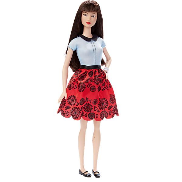 Fashionista im roten Blumenkleid